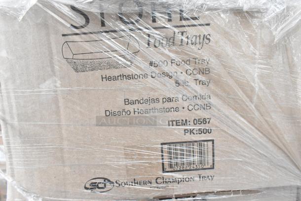 Auction lot of 42 brand new Hearthstone food trays. Item #0567, PK:500. Scratch and dent condition, clear wrap visible.