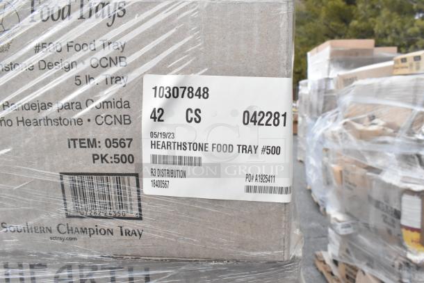 42 brand new Hearthstone food trays in packaging, model #500. Item labeled for R3 Distribution. Ideal for bulk purchase.