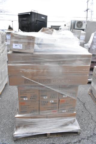 Pallet of 35 brand new items, including baskets and Vollrath RT100-DR Retro Kit. Wrapped in plastic, visible box labels.