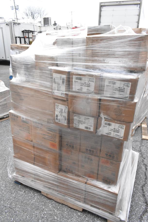 Pallet with 35 new, scratch and dent items, including tablecovers and spoons. Boxes labeled with product codes.