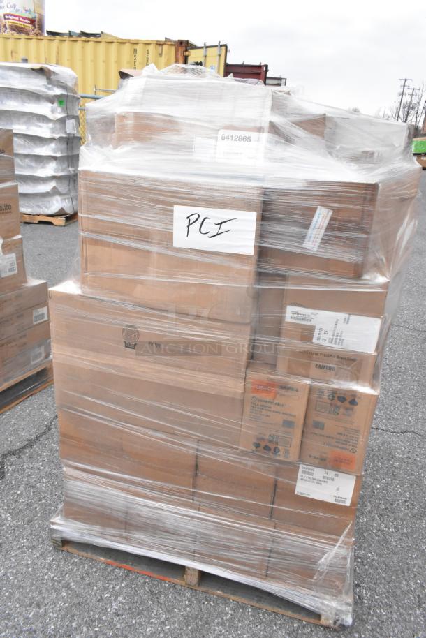 Sealed pallet with 35 new scratch and dent items including baskets, Vollrath RT100-DR, tablecovers, and spoons.