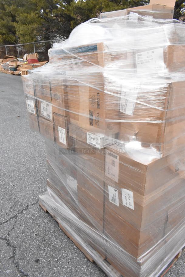 Pallet with 35 brand new scratch and dent items in sealed boxes, including Vollrath RT100-DR, Fabkal, and tablecovers.