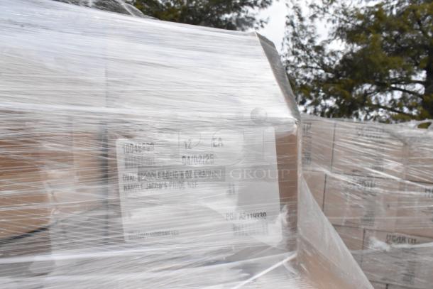 Plastic-wrapped pallet of boxed items, including Vollrath RT100-DR Retro Kit Fabkal, 10045599 Tablecovers, visible labels.