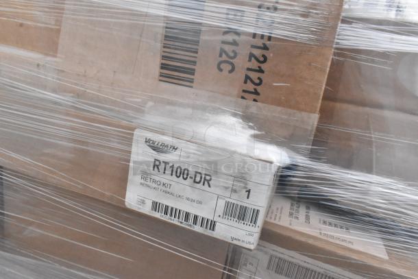 Box of brand new items including Vollrath RT100-DR Retro Kit. Wrapped and labeled with product and barcode details.