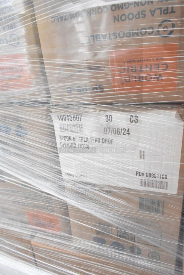 Pallet with 35 new items including baskets, Vollrath RT100-DR Kit, 10045599 tablecovers, 10045607 spoons, wrapped in plastic.