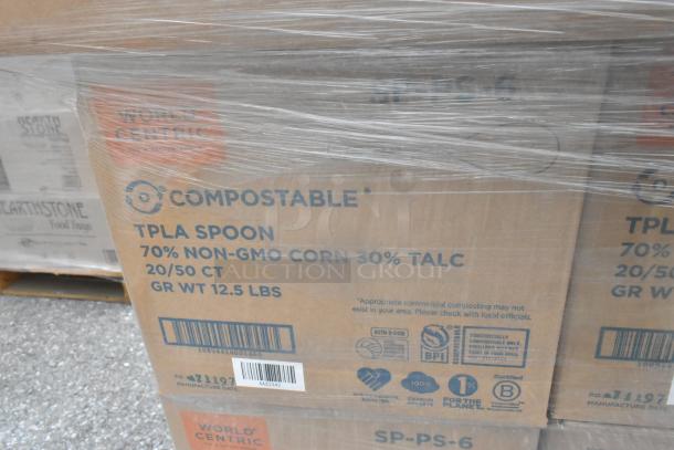 Cardboard box labeled "Compostable TPLA Spoon, 70% Non-GMO Corn, 30% Talc." Weight: 12.5 lbs. Wrapped in plastic.