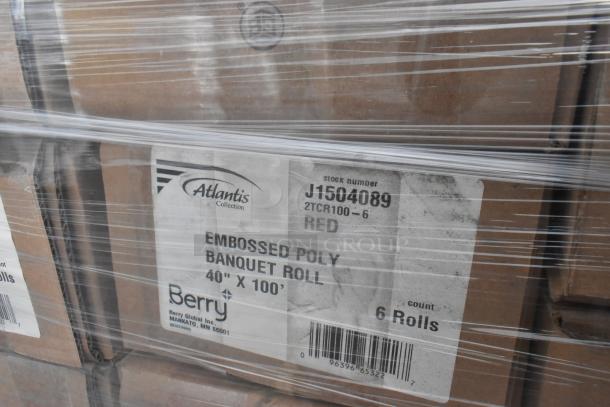 Auction items pallet with Atlantis embossed poly banquet rolls, Berry brand, 40"x100", 6 rolls per pack, new condition.