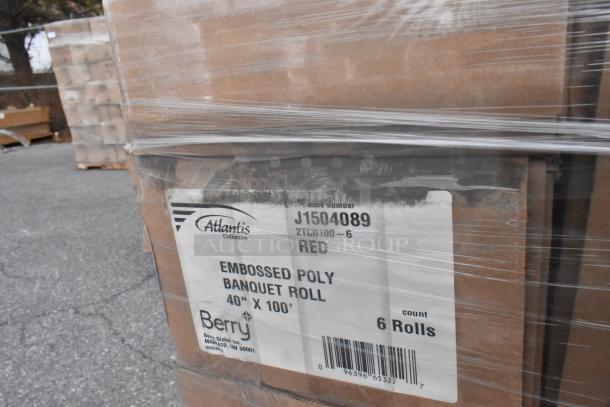 Palette of 6 "Atlantis Collection" embossed poly banquet rolls, 40"x100', red, Berry Global. New, scratch and dent condition.