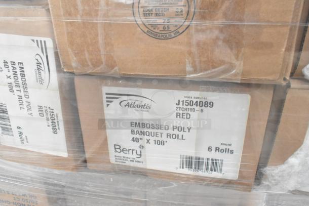 Alt text: Atlantis embossed poly banquet roll, red, 40" x 100', 6 rolls per box, item J1504089, Berry Global Inc.