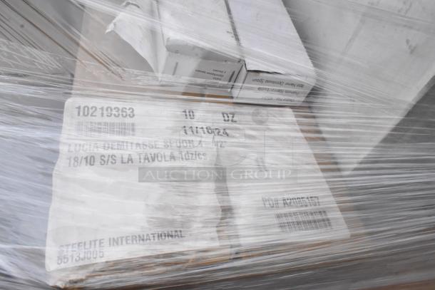 Pallet of new items wrapped, labeled with "Lucia Demitasse Spoons," Steelite International branding visible, 35 assorted items.