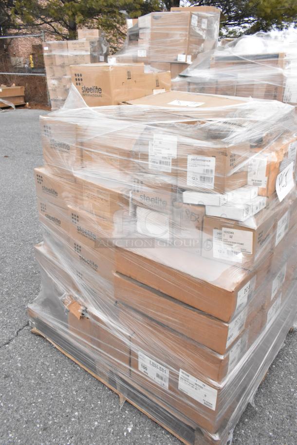 Pallet of 62 new scratch and dent items, including Steelite plates, Lucia dessert spoons, pie containers, and Arcoroc glasses.