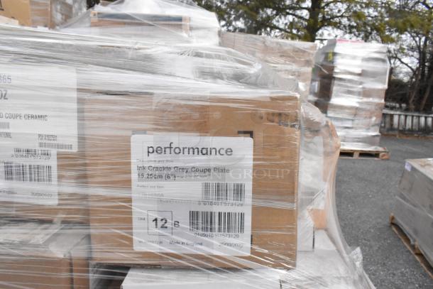 Pallet of boxed Steelite Performance Ink Crackle Grey Coupe Plates, wrapped in plastic, tagged as 15.25cm, new condition.