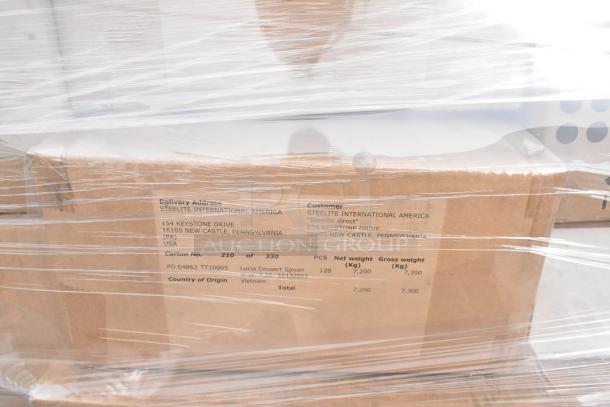 Pallet of 62 brand new scratch and dent items including Steelite Ink Crackle Grey Coupe Plates, Lucia Dessert Spoons, and Arcoroc Rocks Glasses. Wrapped in clear plastic with visible Steelite International America address label.