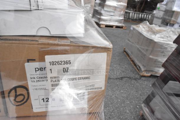 Sealed box of Steelite Performance Ink Crackle Grey Coupe Plates with visible label showing model and pattern details.