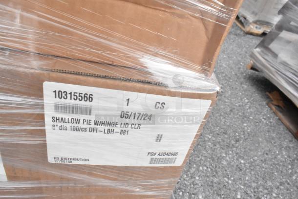 Box labeled "10315566 Shallow Pie Containers" wrapped in plastic, indicating new condition for auction.