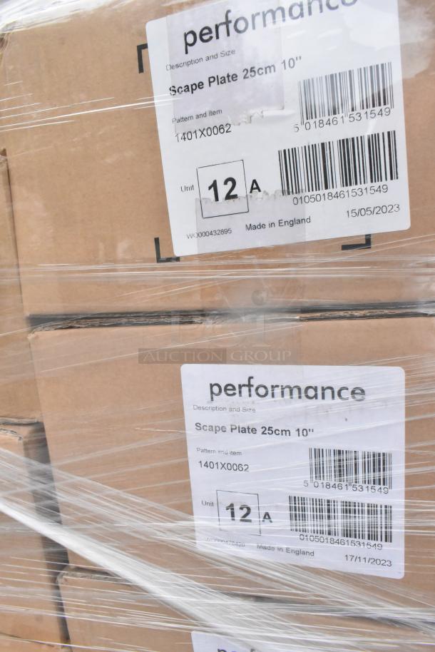 Boxes of Steelite Performance Scape Plates, 25cm, labeled with item code 1401X0062, new condition, made in England.