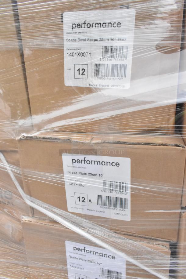 62 brand new items, including Steelite Scape Plates and Bowls, in original packaging with labels displaying specs and units.