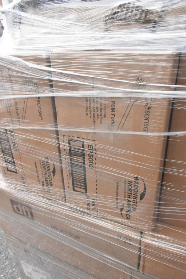 Pallet of 62 new scratch and dent items, including Steelite plates, Lucia spoons, pie containers, and Arcoroc glasses.