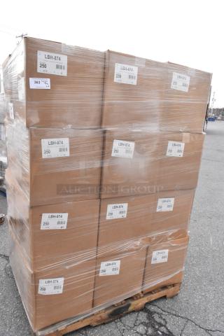 Pallet of 24 new Detroit Forming Inc hinged food containers, model LBH-874, 7" x 6" x 2.5", in labeled boxes.