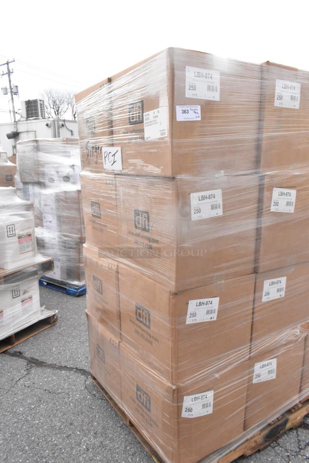 Pallet of 24 brand new Detroit Forming Inc hinged food containers, model LBH-874, 7" x 6" x 2.5", marked as scratch and dent.