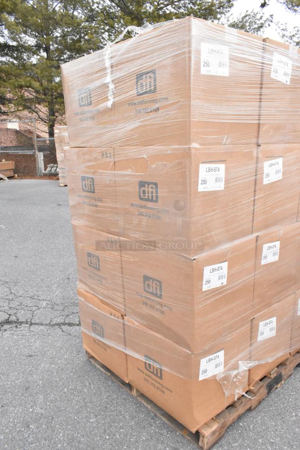 24 boxed Detroit Forming Inc hinged food containers, model LBH-874, 7"x6"x2.5", wrapped and stacked on pallet.