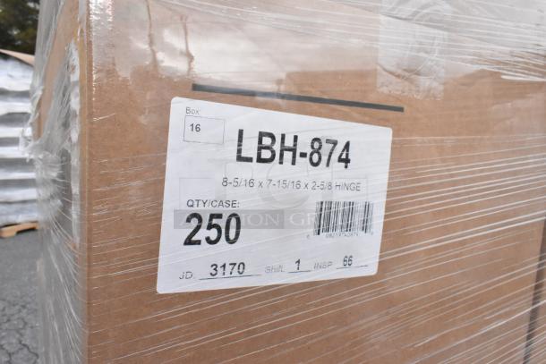 Box of 24 new Detroit Forming Inc LBH-874 hinged food containers, 7" x 6" x 2.5", labeled for QTY: 250.