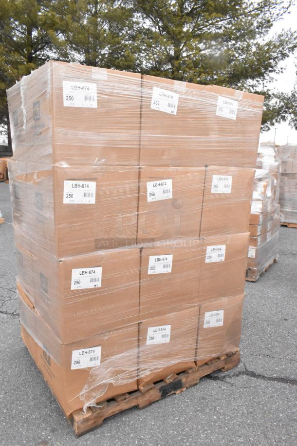 Pallet of 24 new boxes with Detroit Forming Inc LBH-874 hinged food containers, 7"x6"x2.5", wrapped in plastic.