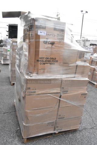 Pallet of assorted brand new scratch and dent items, including Vollrath racks, Prince Castle timers, Dart cups, in original boxes.
