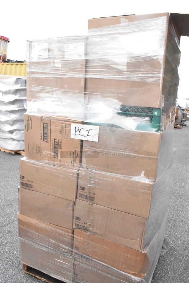 Pallet of 42 brand new scratch and dent items. Includes Vollrath racks, bowl tray, pitchers, timer, Dart cups. Marked "PCI."