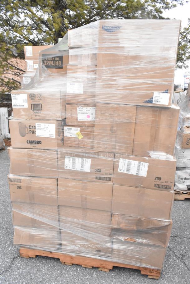 Pallet of brand new scratch and dent items including Vollrath racks, bowls, pitchers, and timers, wrapped in plastic for auction.