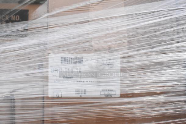 Pallet wrapped with branded items including Vollrath racks, bowl trays, pitchers, timer, and Dart cups; visible product label.