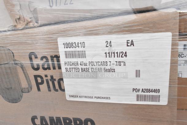 Boxed Cambro pitchers, model 10083410, 47oz polycarbonate with slotted base, 24 units. Label notes Singer Kittredge purchase, date 11/11/24.