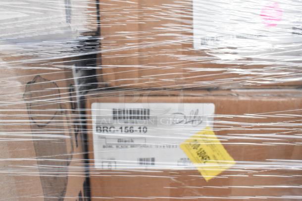 Pallet of 42 items wrapped in plastic, including Vollrath racks, bowl trays, pitchers, timers, and Dart cups. Box labels visible.