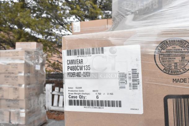 Boxes labeled Camwear P480CW135, containing 42 brand new scratch and dent items, such as pitchers and trays.