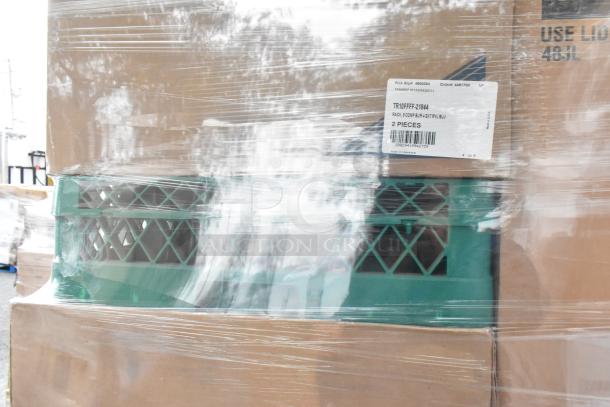 Plastic-wrapped stack of Vollrath TR10FFFF-21844 racks with label showing "2 pieces", indicating new scratch and dent condition.