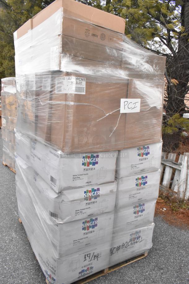 Pallet with 36 boxes of Singer 10335730 White Twisted Handle Paper Bags, A662PCNS lids, brand new scratch and dent items.