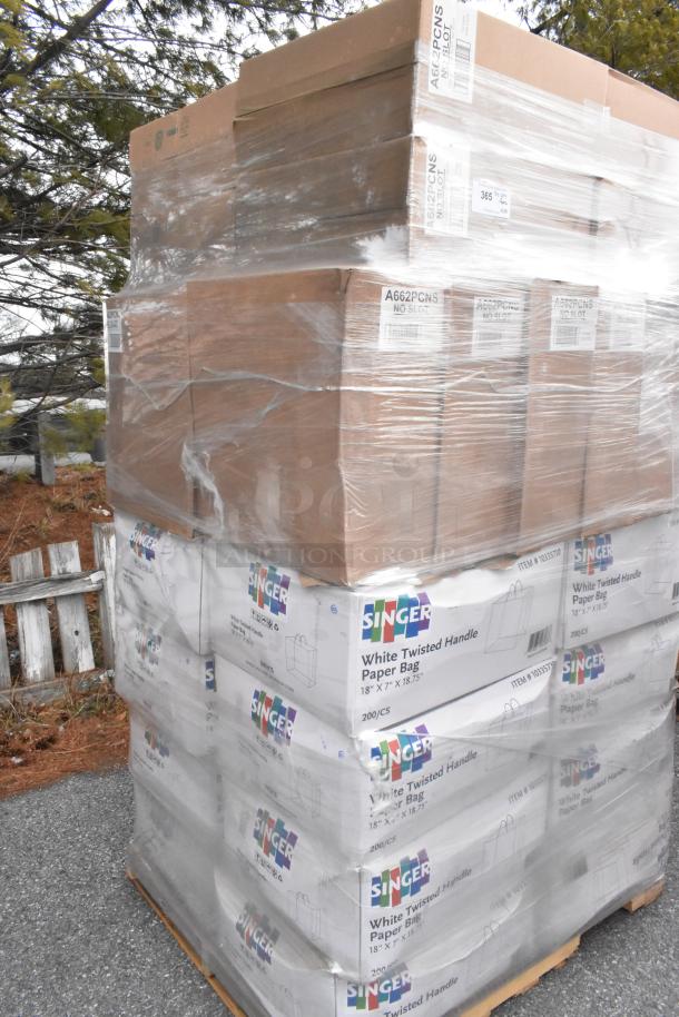 Stack of Singer 10335730 White Twisted Handle Paper Bags and A662PCNS Lids, 36 boxes, new scratch and dent condition.