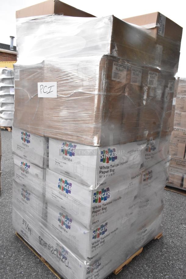 Pallet of 36 new scratch and dent items, includes Singer 10335730 white twisted handle paper bags and A662PCNS lids.