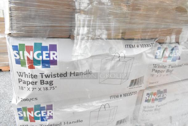 Singer White Twisted Handle Paper Bags, item 10335730, 18"x7"x18.75", 200 per case, new condition.