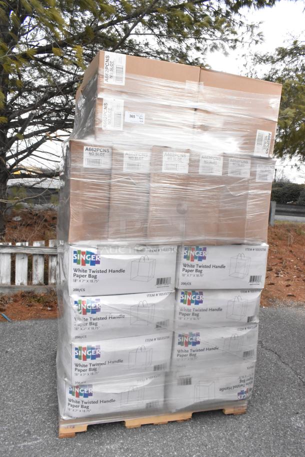 Pallet of 36 new scratch and dent Singer 10335730 white twisted handle paper bags and A662PCNS lids, wrapped in plastic.