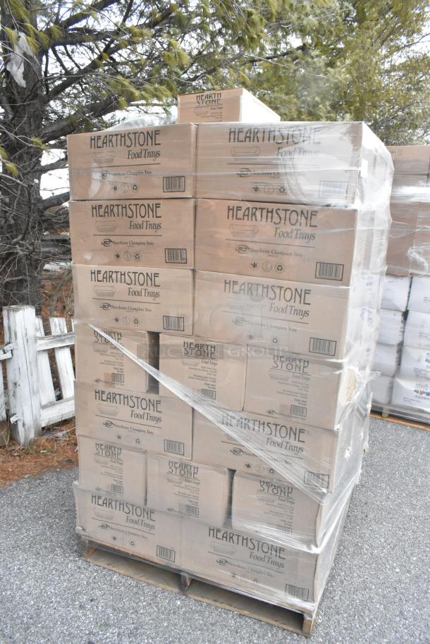 Pallet of 50 Hearth Stone Food Trays boxes, brand new, sealed with shrink wrap, labeled for auction, slight scratches.