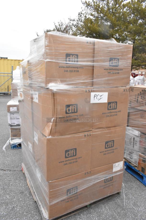 Pallet of 50 new but scratch and dent Detroit Forming Inc. hinged food containers, model LBH-874, 7"x6"x2.5".