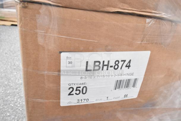 Box of 50 new Detroit Forming Inc LBH-874 hinged food containers, 7"x6"x2.5". Label shows quantity of 250 per case.