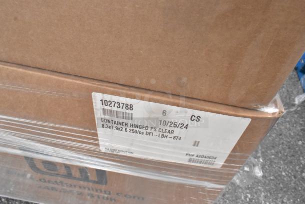Box of 50 Detroit Forming Inc hinged food containers, model DFI-LBH-874, size 8.3" x 7.9" x 2.6", labeled for clear PS.