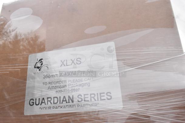 Box with label reading "Guardian Series, XLXS, 368mm X 450M Pre-Stretch, Sentinel." Packaging for reorder. In wrapping.