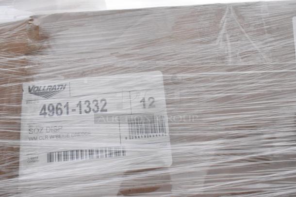 Large cardboard box wrapped in plastic, labeled "Vollrath 4961-1332," containing 12 SOZ DISP WM CLR W/BEIGE DREDGE units.