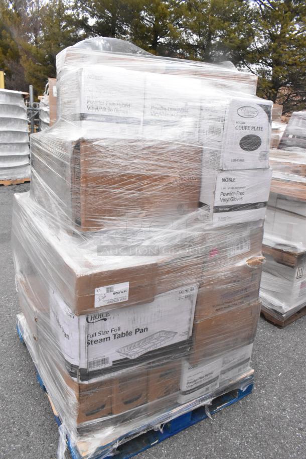 Pallet of brand new items including gloves, paper towels, cups, and containers, shrink-wrapped for auction. Signs of scratches.