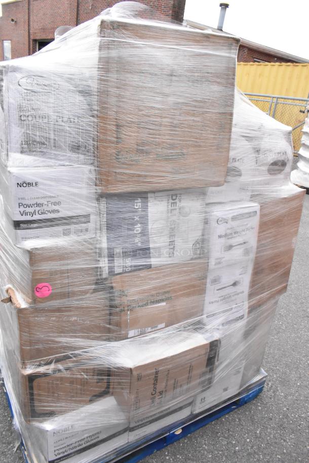 Pallet of 36 brand new items including gloves, paper towels, cold cups, deli containers, shrink-wrapped for auction.