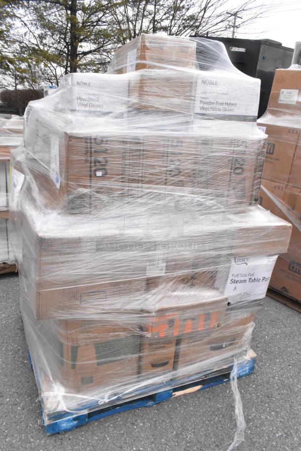 Pallet of 36 new scratch and dent items, including Noble vinyl gloves, paper towels, and deli containers, wrapped in plastic.