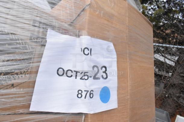 Pallet of 43 scratch and dent items wrapped in plastic, including potato cutter and dinner knives. Tag with "OCT 25-23" and "876."